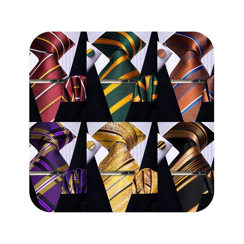 2940 Silk Gold Blue Red Brown Purple Striped Tie Set, 6PCS Tie and Pocket